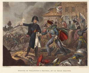 Treffen von Wellington und Blücher bei La Belle Alliance, Aquatinta von Joseph Constantine Stadler, 1818