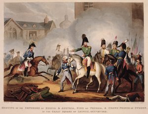 Treffen der Kaiser von Russland und Österreich, König von Preußen und Kronprinz von Schweden auf dem Großen Platz von Leipzig, 18. Oktober 1813, aus 