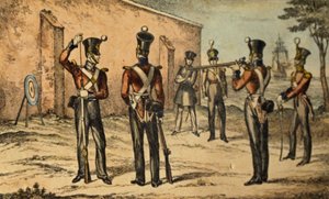 Gegenwärtige Uniform der Marines beim Zielscheibenschießen, ca. 1835 (handkolorierte Radierung) von William Heath