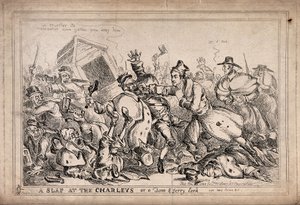 Robert Peel als Boxer, der Nachtwächter angreift, um sie durch die Polizei zu ersetzen. Radierung von Paul Pry (W. Heath). von William Heath