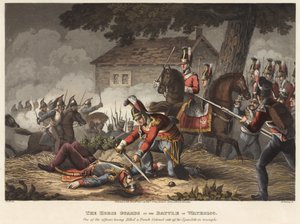 Die Horse Guards in der Schlacht von Waterloo, ein Offizier schneidet einem französischen Oberst in Triumph die Epaulette ab, graviert von M. Dubourg, 1819 von William Heath