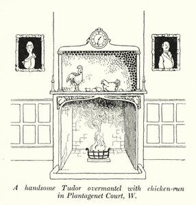 Ein schöner Tudor-Kaminaufsatz mit Hühnerlauf in Plantagenet Court, W von William Heath Robinson
