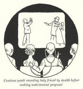 Vorsichtiger Jüngling, der eine Freundin heimlich auskundschaftet, bevor er einen Heiratsantrag macht (Lithografie) von William Heath Robinson