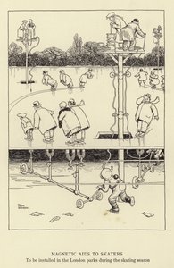 Magnetische Hilfen für Schlittschuhläufer, die während der Schlittschuhsaison in den Londoner Parks installiert werden sollen von William Heath Robinson