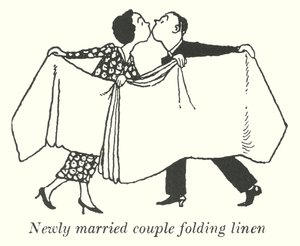 Frisch verheiratetes Paar faltet Wäsche (Lithografie) von William Heath Robinson