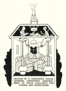Abschnitt eines umgebauten Hauses, der die praktische Anordnung des verfügbaren Raums für Lounge und Esszimmer zeigt (Lithografie) von William Heath Robinson