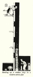 Ein Mutton Chop in einer modernen Service-Wohnung hochschicken (Lithografie) von William Heath Robinson
