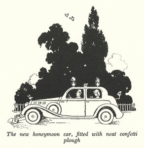 Das neue Hochzeitsreisemobil, ausgestattet mit einem praktischen Konfettipflug (Lithografie)