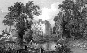 Der Wassergraben von Ongar Castle und Castle House, Essex, graviert von Henry Wallis, 1832