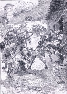 Leutnant Harley führt den Ausfall aus Fort Chitral an, Illustration aus Cassells Geschichte Englands, 1900er Jahre von William Henry Charles Groome