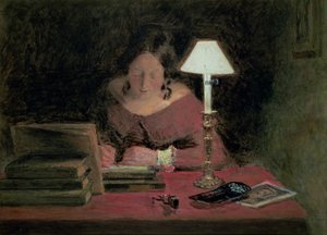 Mädchen schreibt bei Lampenlicht, ca. 1850