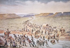 Mormonische Handkarren-Pioniere auf dem Weg nach Westen nach Utah im Jahr 1850
