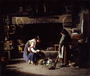 Bauernhof-Inneres: Bretonische Kinder füttern Kaninchen, 1878 von William Henry Lippincott
