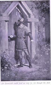 Sir Launcelot konnte keinen Weg hinein finden, denn obwohl die Tür alt und abgenutzt war, hielt sie fest