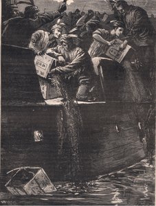 Bostoner Jungen als Indianer verkleidet werfen die Teekisten in den Hafen, 1773 von William Heysham Overend