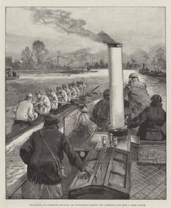 Das Oxford und Cambridge Bootsrennen, Mr. Muttlebury coacht die Cambridge Crew von einem Dampfschiff aus