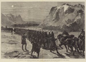 Die Rebellion im Nordwest-Territorium Kanadas, Kolonialtruppen marschieren über das Eis der Nepigon-Bucht, Oberer See von William Heysham Overend