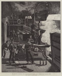 Die Situation in Souakim, HMS Albacore beschießt Osman Dignas Truppen mit elektrischem Licht von William Heysham Overend