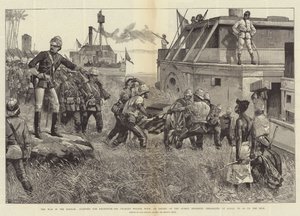 Der Krieg im Sudan, Abreise nach Khartum, Sir Charles Wilson mit einer Eskorte des Sussex-Regiments, Einschiffung in Gubat, um den Nil hinaufzufahren von William Heysham Overend