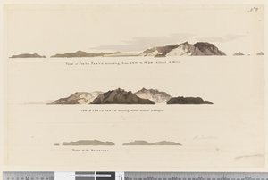 Seite 8 (a) Blick auf Porto Santo von NNW bis WBN in 5 Meilen Entfernung (b) Blick auf Porto Santo nach Norden in 2 Seemeilen Entfernung und (c) Blick auf die Deserteure von William Hodges