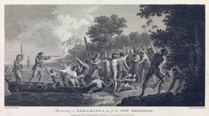 Die Landung in Erramanga (oder Eromanga), eine der Inseln von Vanuatu (ehemals Neue Hebriden, Archipel im Pazifischen Ozean), zeigt die Besatzung eines Kanus im Kampf mit Kriegern der Insel
