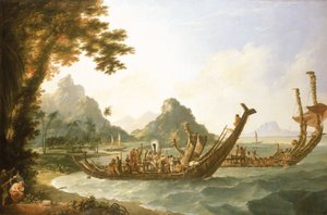 Die Kriegsschiffe der Insel Otaheite (Tahiti) und der Gesellschaftsinseln, mit einem Blick auf einen Teil des Hafens von Ohaneneno auf der Insel Ulieta, einer der Gesellschaftsinseln