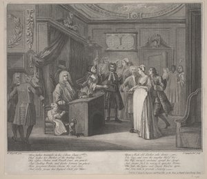 Eine Frau schwört ein Kind einem ehrenwerten Bürger zu, ca. 1730-35 von William Hogarth
