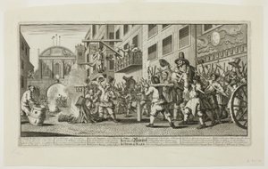 Verbrennung der Rümpfe am Temple Bar, Tafel elf aus Hudibras von William Hogarth