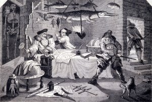 Hudibras greift den Astrologen Sidrophel und seinen Diener Whacum an. Gravur von William Hogarth für das Gedicht „Hudibras“ von Samuel Butler (17. Jahrhundert). Um 1725