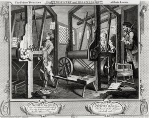 Industrie und Müßiggang, Die Lehrlinge an ihren Webstühlen, Platte 1 von William Hogarth