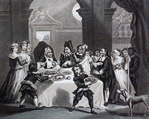 Sancho beim Festmahl, ausgehungert von seinem Arzt von William Hogarth