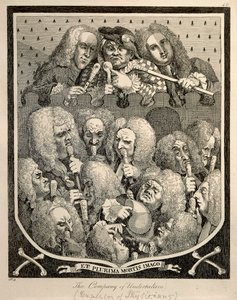 Die Gesellschaft der Bestatter von Georg Friedrich Händel, Karikaturgravur von William Hogarth