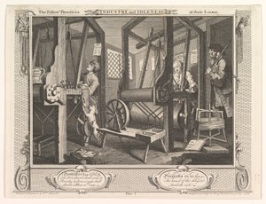 Die fleißigen Lehrlinge an ihren Webstühlen Fleiß und Faulheit, Tafel 1, 30. September 1747 von William Hogarth