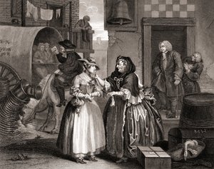 Der Fortschritt der Dirne, verführt von einer Kupplerin, aus Die Werke von Hogarth, veröffentlicht in London 1833 (Kupferstich)