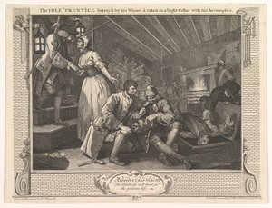 Der faule Lehrling wird von seiner Hure verraten und in einem Nachtkeller gefangen genommen, 30. September 1747 von William Hogarth