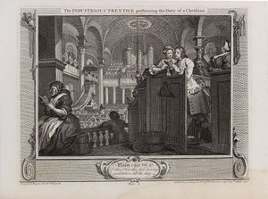 Der fleißige Lehrling, der die Pflicht eines Christen erfüllt. Serie Industrie und Fleiß, 1747 von William Hogarth