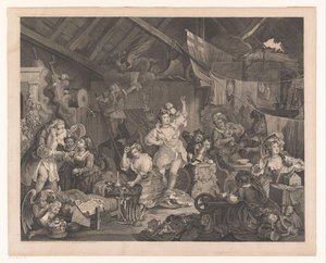 Verkleidete Schauspielerinnen und Kinder in einer Scheune von William Hogarth