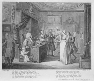 Frau schwört ein Kind einem ehrenwerten Bürger, um 1735 von William Hogarth