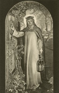Das Licht der Welt, Gemälde im Keble College, Oxford, Oxfordshire, zeigt Christus mit einer Laterne und an eine Tür klopfend (s/w Foto)