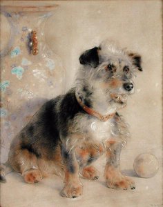 Terrier vor einer Canton Famille Rose Vase