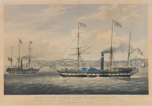 Schiffe der General Steam Navigation Company. Die Caledonia von 800 Tonnen verlässt Hamburg - Die Neptune von 800 Tonnen fährt in die Elbe auf ihrer Passage nach Hamburg, mit den königlichen Posten von William John Huggins