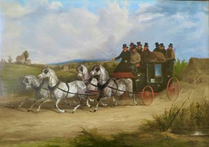 Die London nach Brighton Postkutsche gezogen von einem Team grauer Pferde