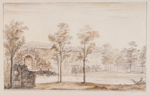 Chiswick, Entwurf für einen rustikalen Wasserfall und eine Brücke gegen die Terrasse (Feder und Tinte und Waschung über Bleistift auf Papier)