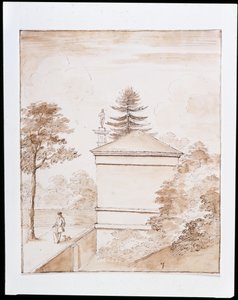 Chiswick, Ansicht der Seite des Hirschhauses vom inneren Damm des Hirschgeheges aus mit einem Blick auf die dorische Säule (Feder & Tinte auf Papier) von William Kent
