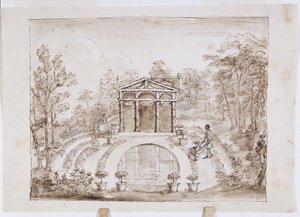 Blumentempel und runder Pool
