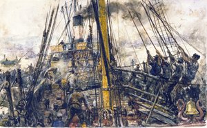 Kohlesammler an Bord eines Schiffes, die Kohleladung aus dem Frachtraum mit einem Flaschenzugsystem hebend von William Lionel Wyllie