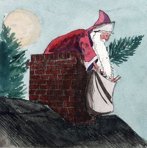 Weihnachtsmann, der durch einen Schornstein hinunterkommt, einen Sack voller Spielzeug und einen Weihnachtsbaum zieht. Aquarell, frühes 20. Jahrhundert, von William Lionel Wyllie (1851-1931).