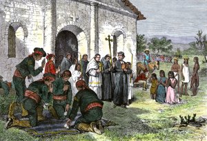 Spanische Mission nach Kalifornien, mit Priestern, Soldaten und amerikanischen Indianern, die vor der Kirche im 18. Jahrhundert beten