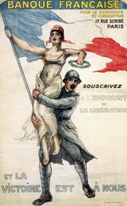Französische Bank für Handel und Industrie. Plakat für den nationalen Kredit: „Abonnieren Sie den Befreiungskredit und der Sieg ist unser“ - ill. von William Malherbe