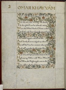 (Ganzes Folioblatt) Die Rubaiyat von Omar Khayyam, Verse 4 - 6. Kalligraphisch geschrieben und dekoriert von William Morris, mit Rändern aus Laub und Blumen von William Morris